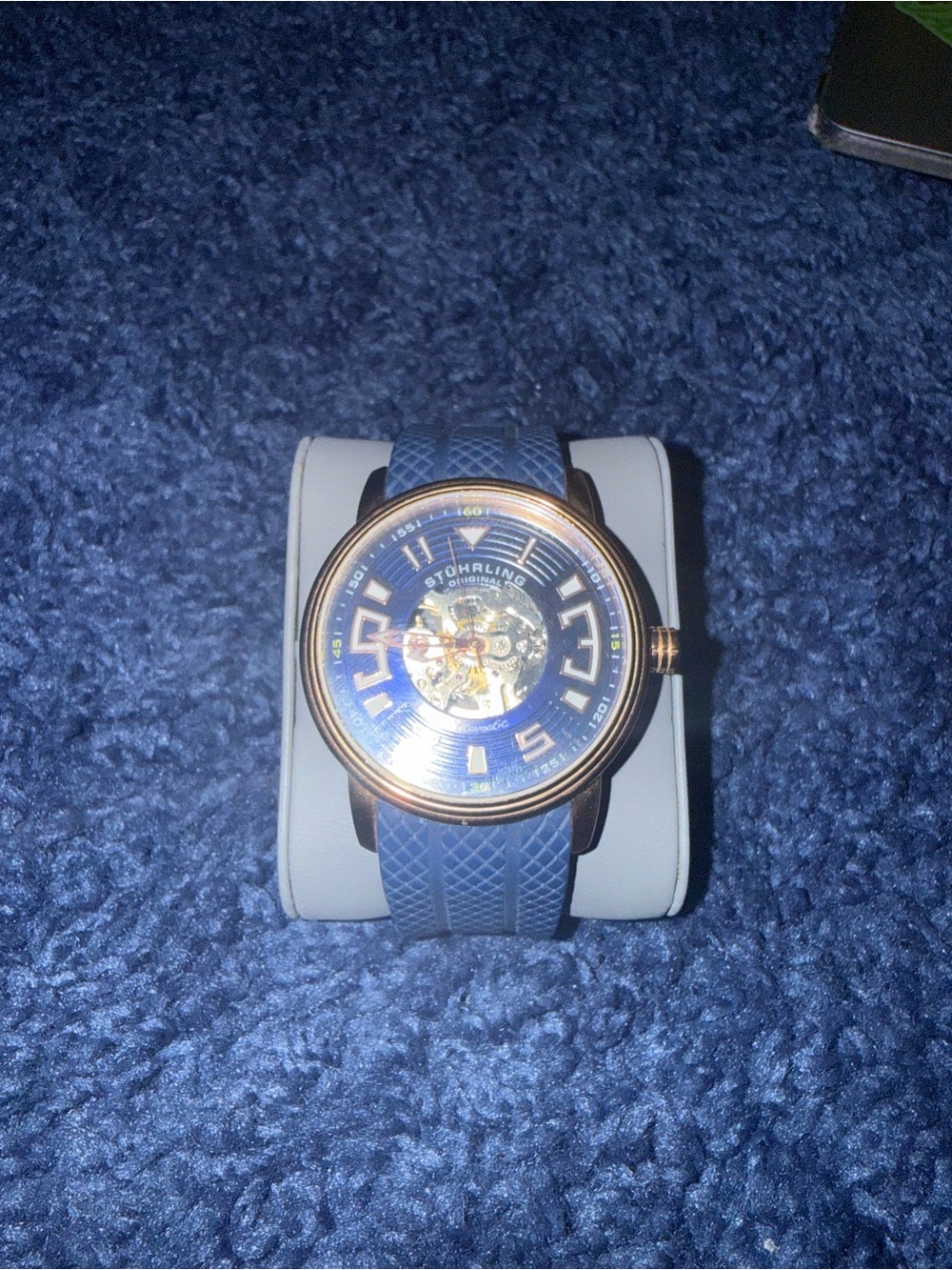 Stuhrling Original Blue Dial Men's Watch with Rose Gold Bezel and Blue Strap